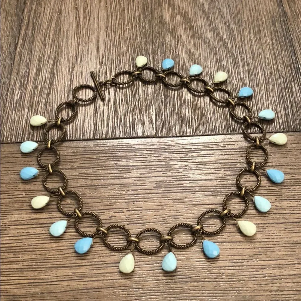 Premier Designs Caribbean Antique Goldtone - Bronze Chain Necklace Blue Beads